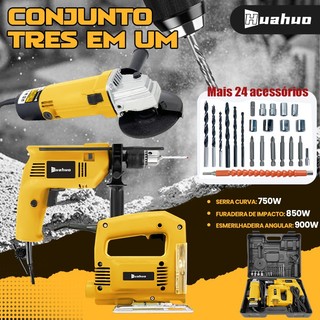Kit De Ferramentas 3 Em 1 Furadeira de impacto/Lixadeira Esmerilhadeira/Serra Tico Tico + Acessórios