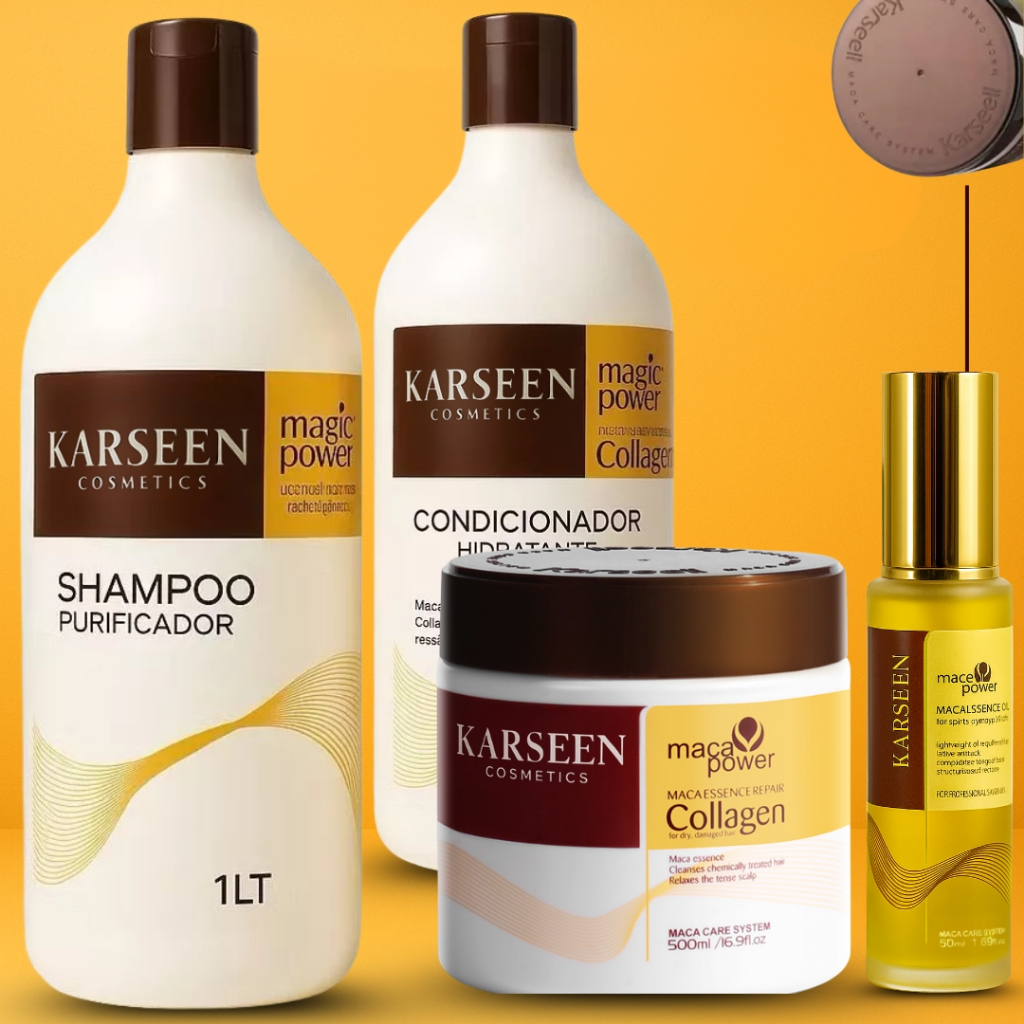 Kit Karseen Tratamento Capilar Máscara Collagen + Shampoo + Condicionador + Oleo Argan Marroquino Maca Essence Oil