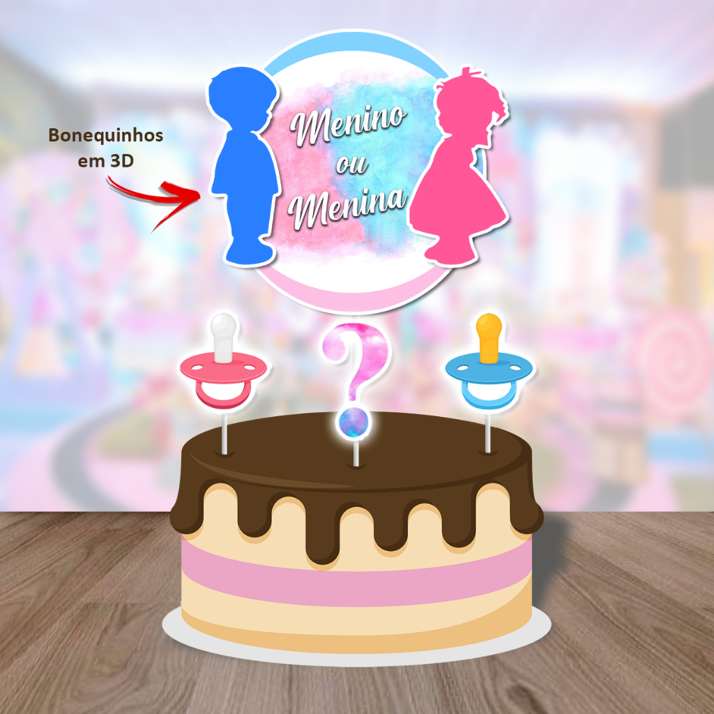 TOPO DE BOLO CHÁ REVELAÇÃO - MENINO OU MENINA - FESTA CHÁ REVELAÇÃO