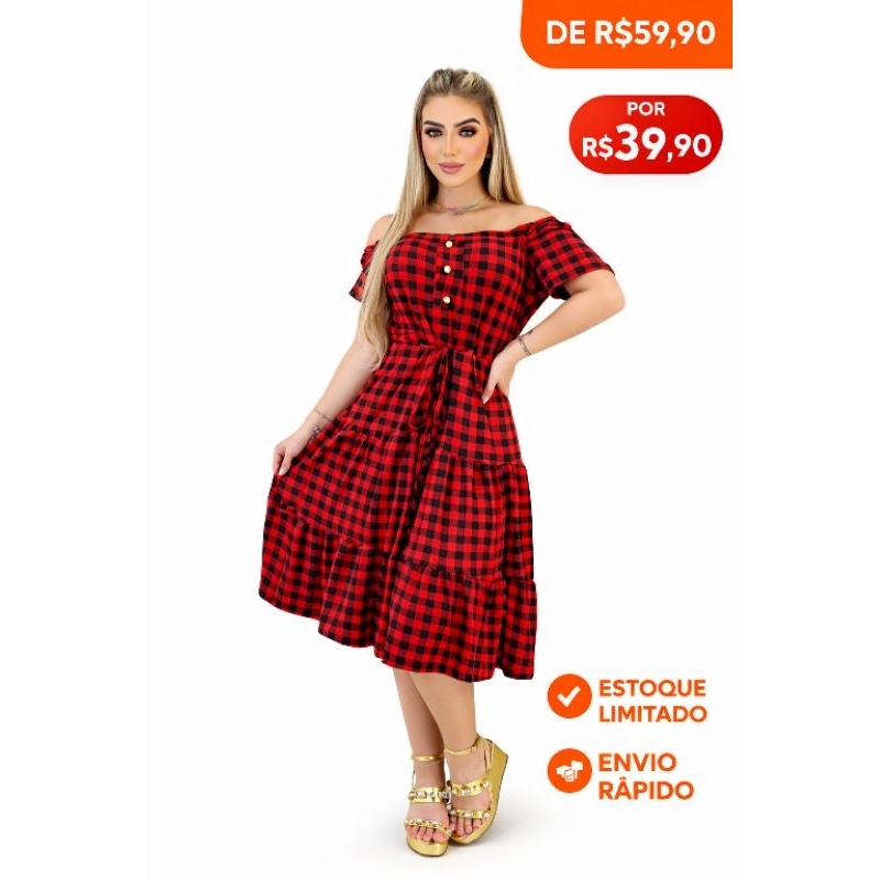 vestido curto xadrez festa junina ombro a ombro com botao