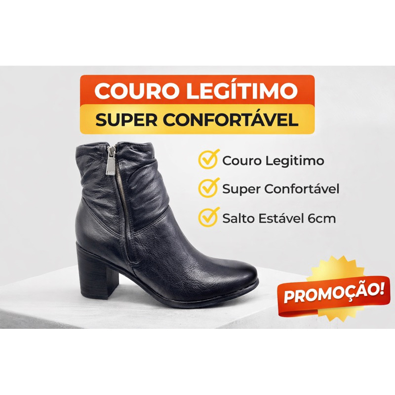 Bota Feminina Bottero Couro Legítimo Cano Curto Confortável Salto Bloco Promoção dia a dia bota