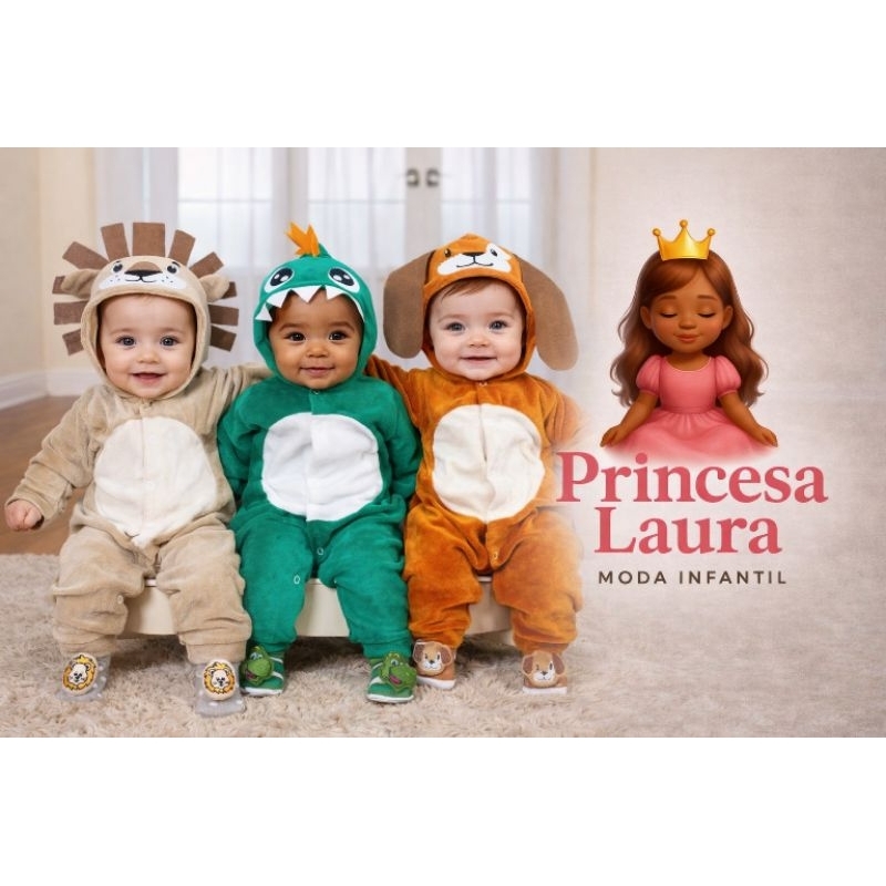 Conjunto para Bebê, Macacão Bichinhos Em Plush 3d, vem com Linda Pantufa Lúdica, Quentinho e confortavel. Princesa Laura