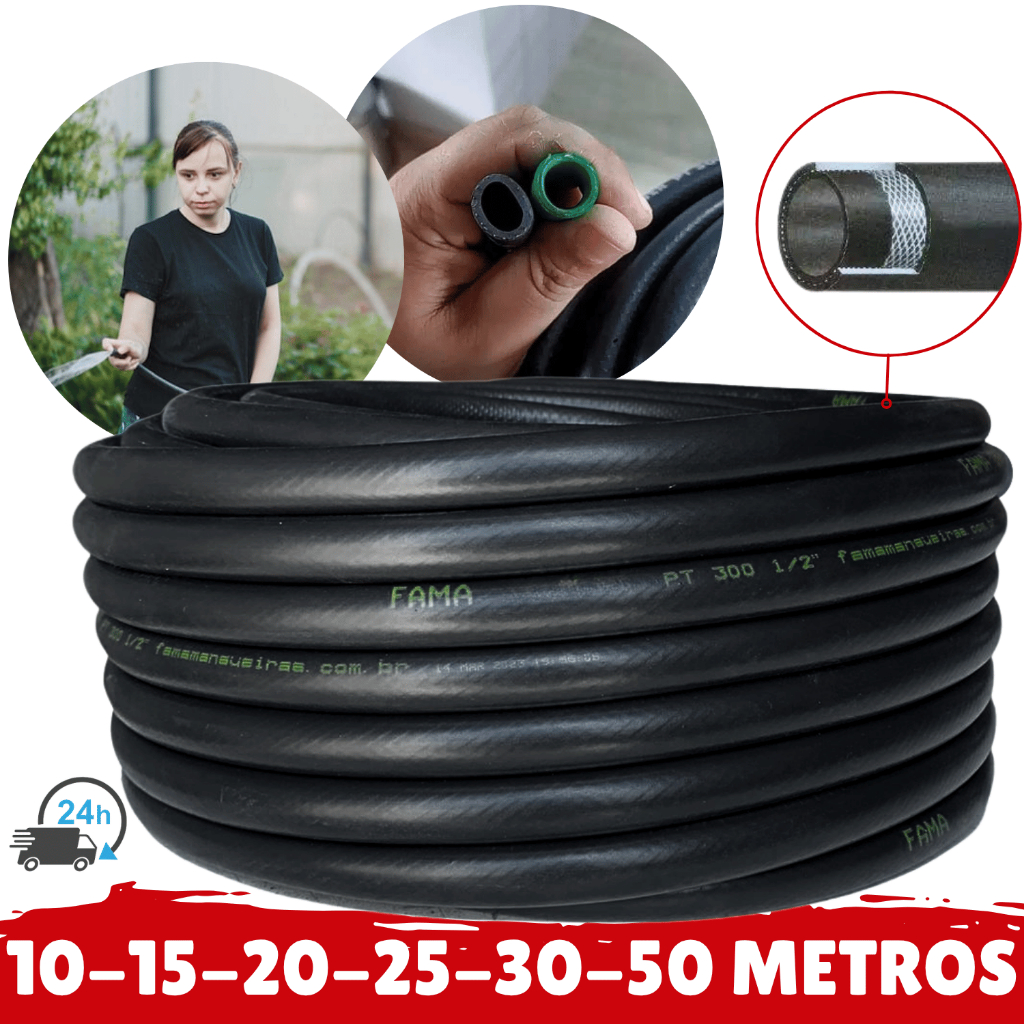 Mangueira Jardim Reforçada Antitorção PT300 Emborrachada 1/2 Polegada Mangueira Preta 10 a 50 Metros em Oferta na Shopee
