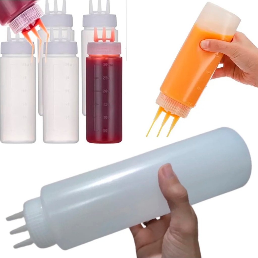 Kit 5 Bisnaga de Bico Triplo 3 Bicos Profissional Buffet 1 Litro 650 350ml Graduada Confeiteiro Molhos Caldas Ketchup