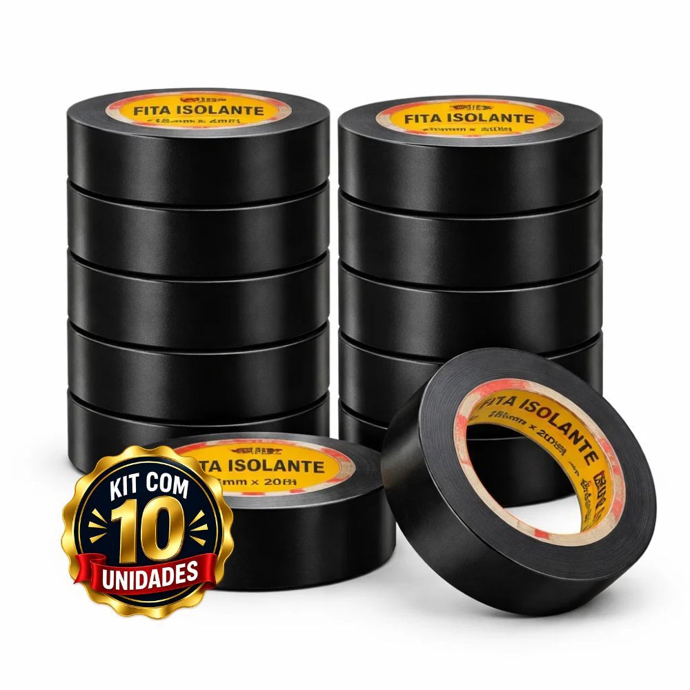 Kit 10 Fitas Isolantes 10m Preta Anti-Chama Alta Resistência Uso Elétrico Profissional ISO 9002