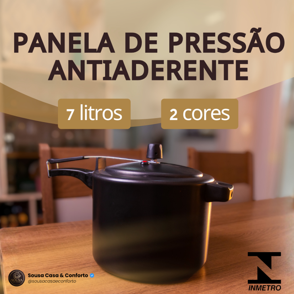 Panela de Pressão 7 Litros Antiaderente Teflon Fechamento Interno Seguro Resistente Selo INMETRO