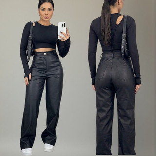 Calça Feminina Alfaiataria Couro Sintético Cintura Alta Confortável Premium Moda Feminina