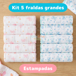 Kit 5 Fraldas de Pano Para Bebê Estampadas 70x70cm Tecido Duplo 100% Algodão Enxoval Menino Menina em Oferta na Shopee