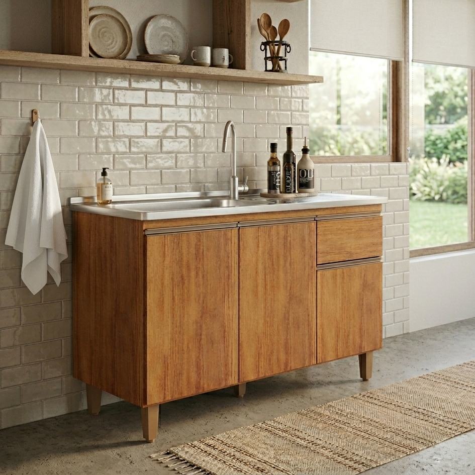 Balcão Canadá Cozinha Lavanderia 120 cm 3 Portas 1 Gaveta MDF MDP Puxador Metalico Pés PVC Resistente Sem Pia - AV