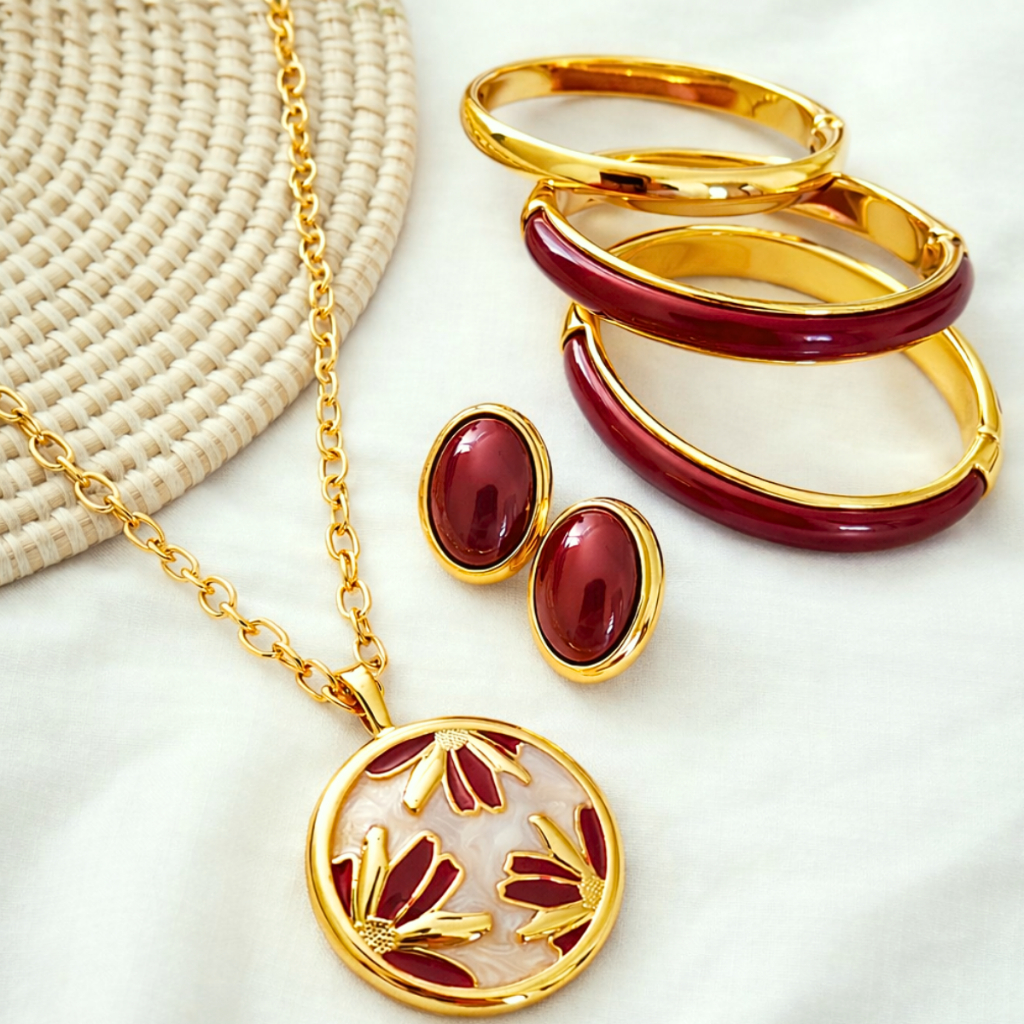 Conjunto Colar Brinco Pulseira Marsala Dourado Feminino Semijoia