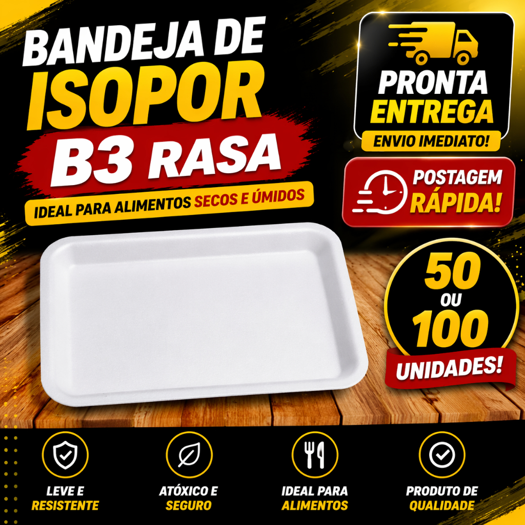 Bandeja Isopor B3 Rasa Com 50 ou 100 Unidades