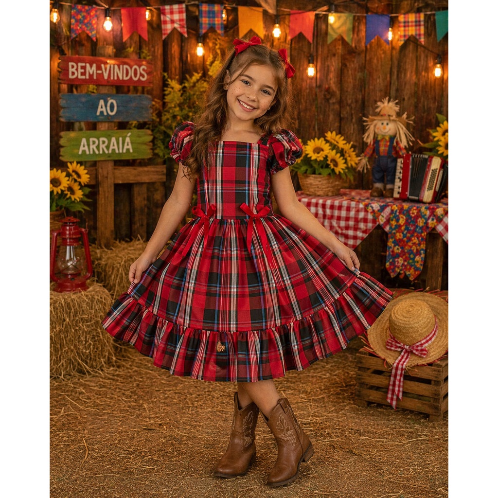 Vestido Infantil Junino Xadrez Vermelho Festa Rodado Festa junino Caipira 1 AO 9 Anos