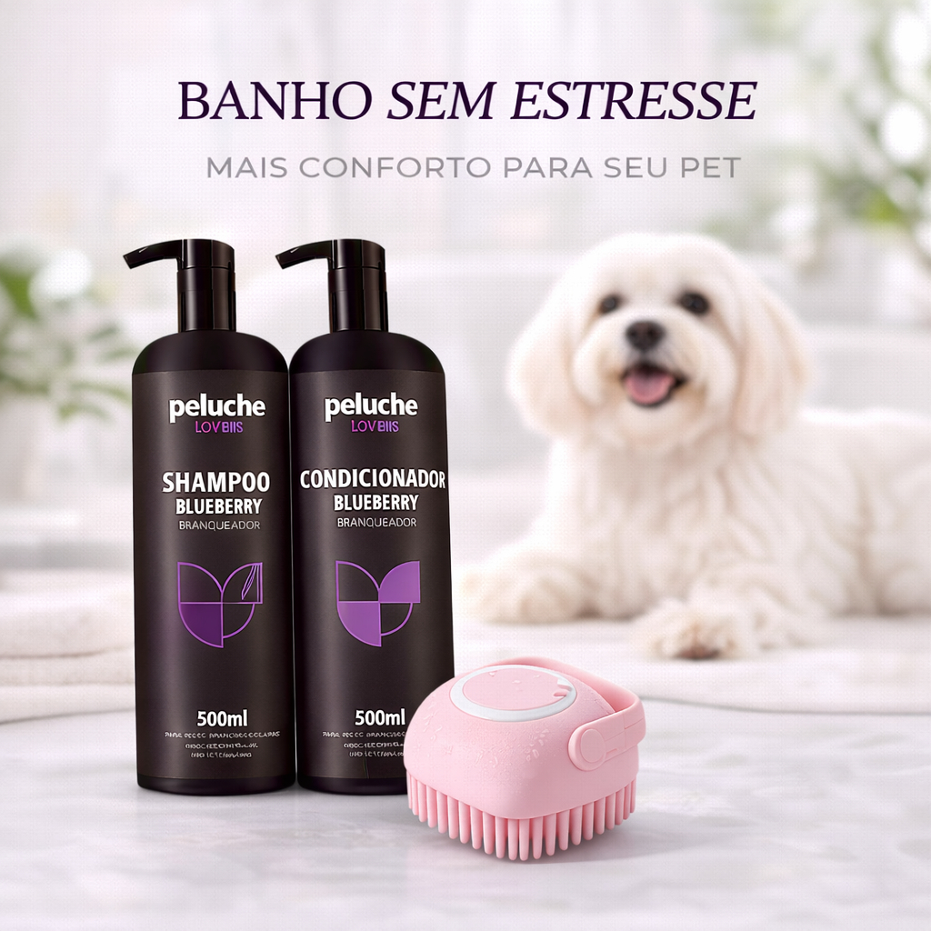 Kit Banho Pet Premium Massageador Shampoo + Condicionador Blueberry + Escova Silicone Rosa