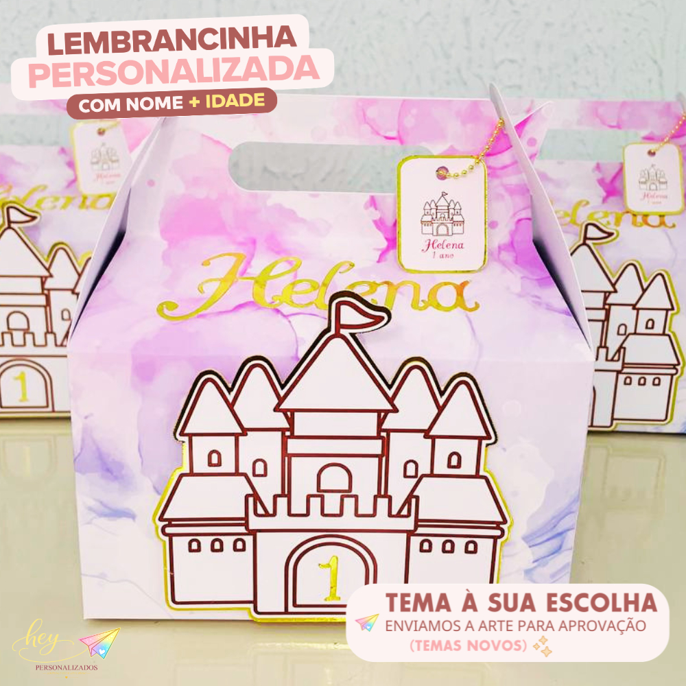 Lembrancinha Castelo Princesas Personalizada | Caixa Maleta | Nome e Idade | Festa Escolar | Aniversário Infantil
