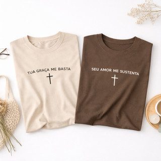 Kit 2 Camisetas Religiosas Tua Graça Me Basta Seu Amor Me Sustenta 100% Algodao Confortavel