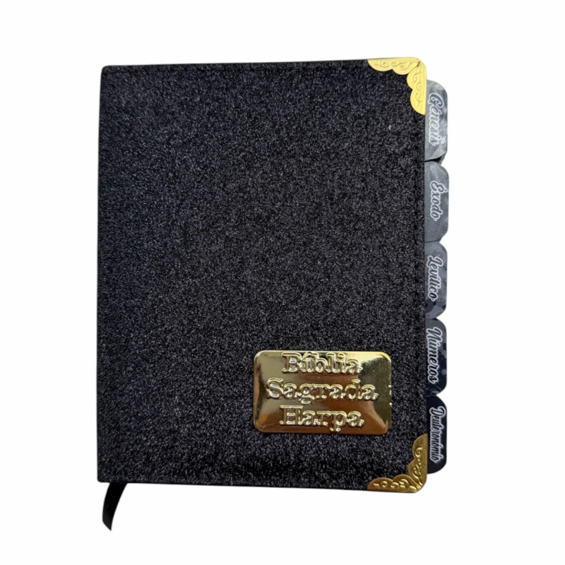 Bíblia Sagrada Pequena ARC Full Color Capa Dura Glitter Preta com Harpa Cristã e Corinhos com Abas Evangélica