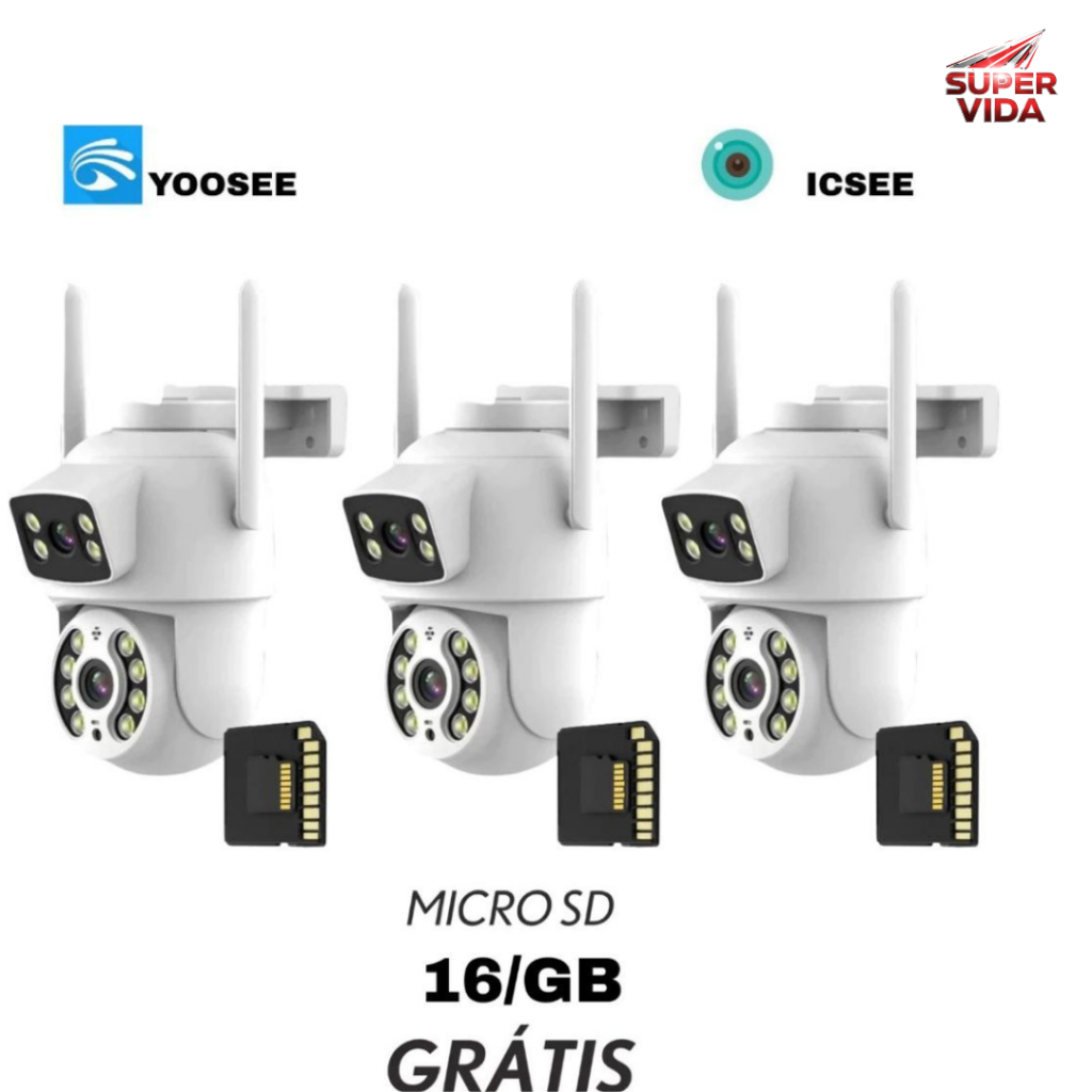 Kit 3 Câmera De Segurança Wi-Fi Lente Dupla ICSEE/YOOSEE 360° Sensor Movimento com 3 Cartão 16GB
