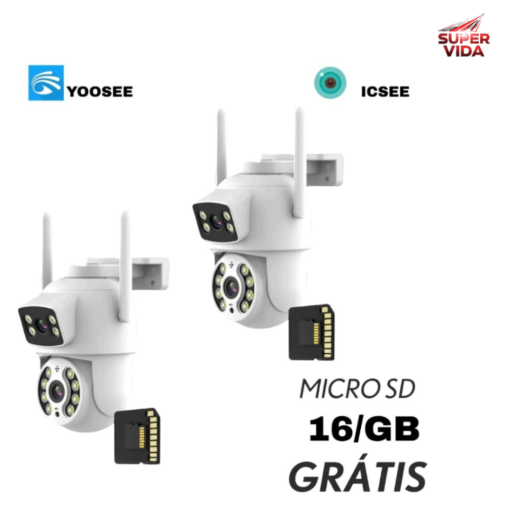 Kit 2 Câmera De Segurança Wi-Fi Lente Dupla ICSEE/YOOSEE 360° Sensor Movimento com 2 Cartão 16GB