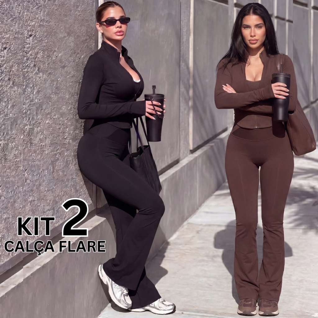 Kit 2 Calça Flare Legging Fitness Feminina Bailarina Boca de Sino Zero Transparência Com Cós Alto em Oferta na Shopee