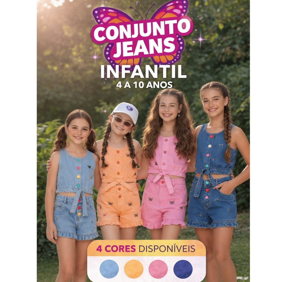 Conjunto Infantil Menina Jeans Brim Cropped + Short Botões Coloridos Moda Blogueira Verão Roupa Infantil Feminina 4 -10