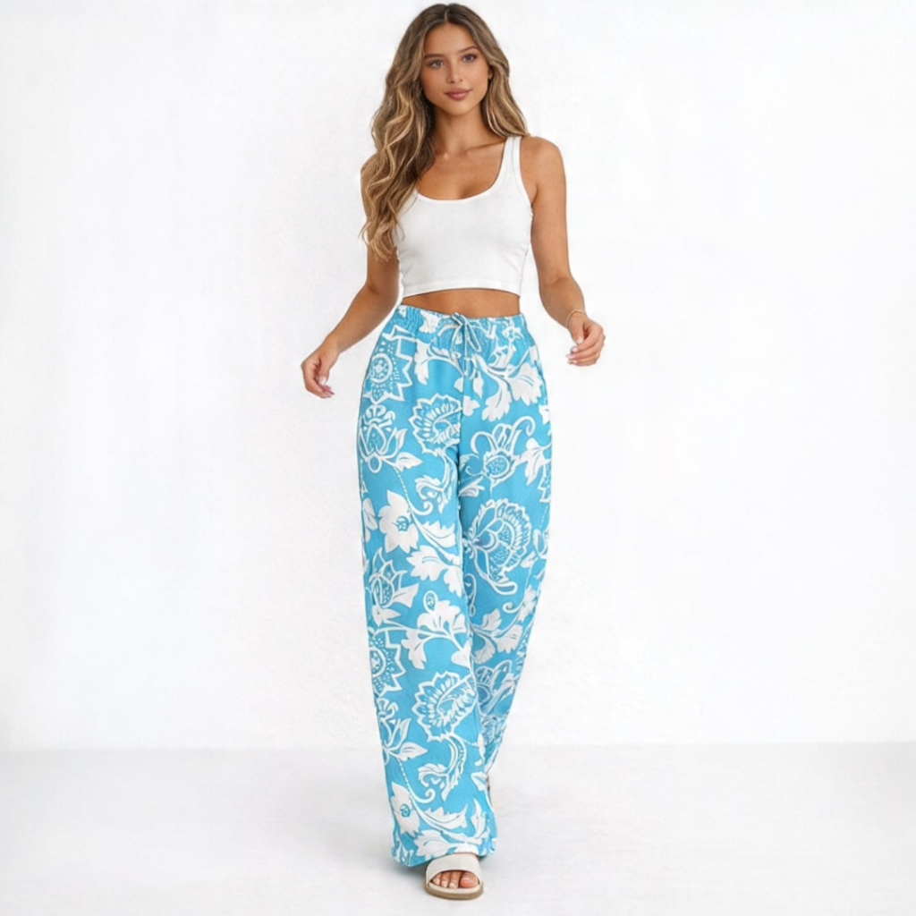 CALÇA PANTALONA ESTAMPADA COM ELASTICO NA CINTURA\CALÇA PANTALONA EM VISCOSE