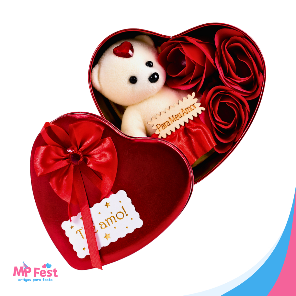 Caixa Coração de Metal Com Ursinho e Rosas - Presente Dia Dos Namorados/Dia Das Mães