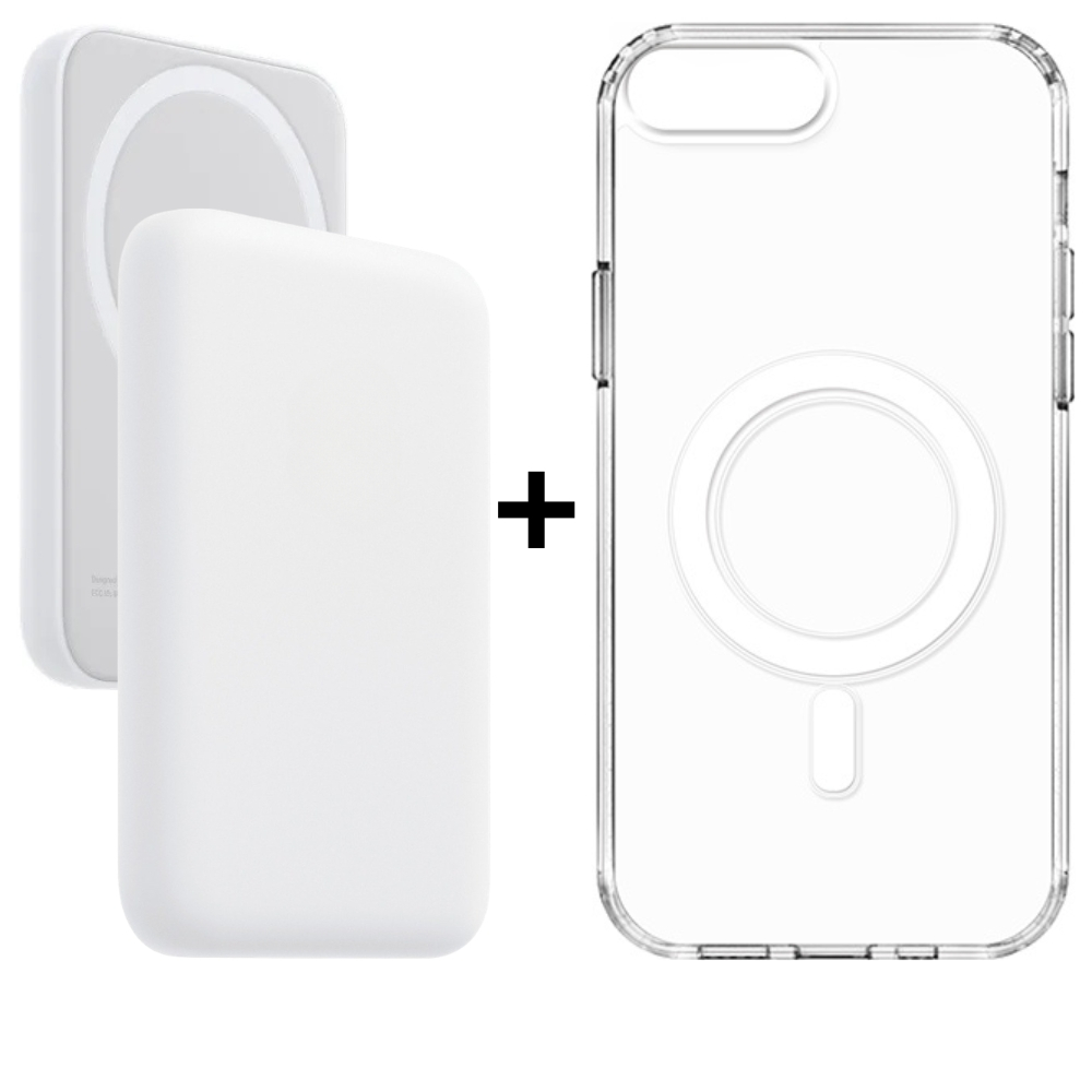 Kit Capinha e Bateria Iphone 7 Plus 8 Plus Carregador Magsafe Indução Power Bank Sem Fio Magnético 5000mAh Battery Pack