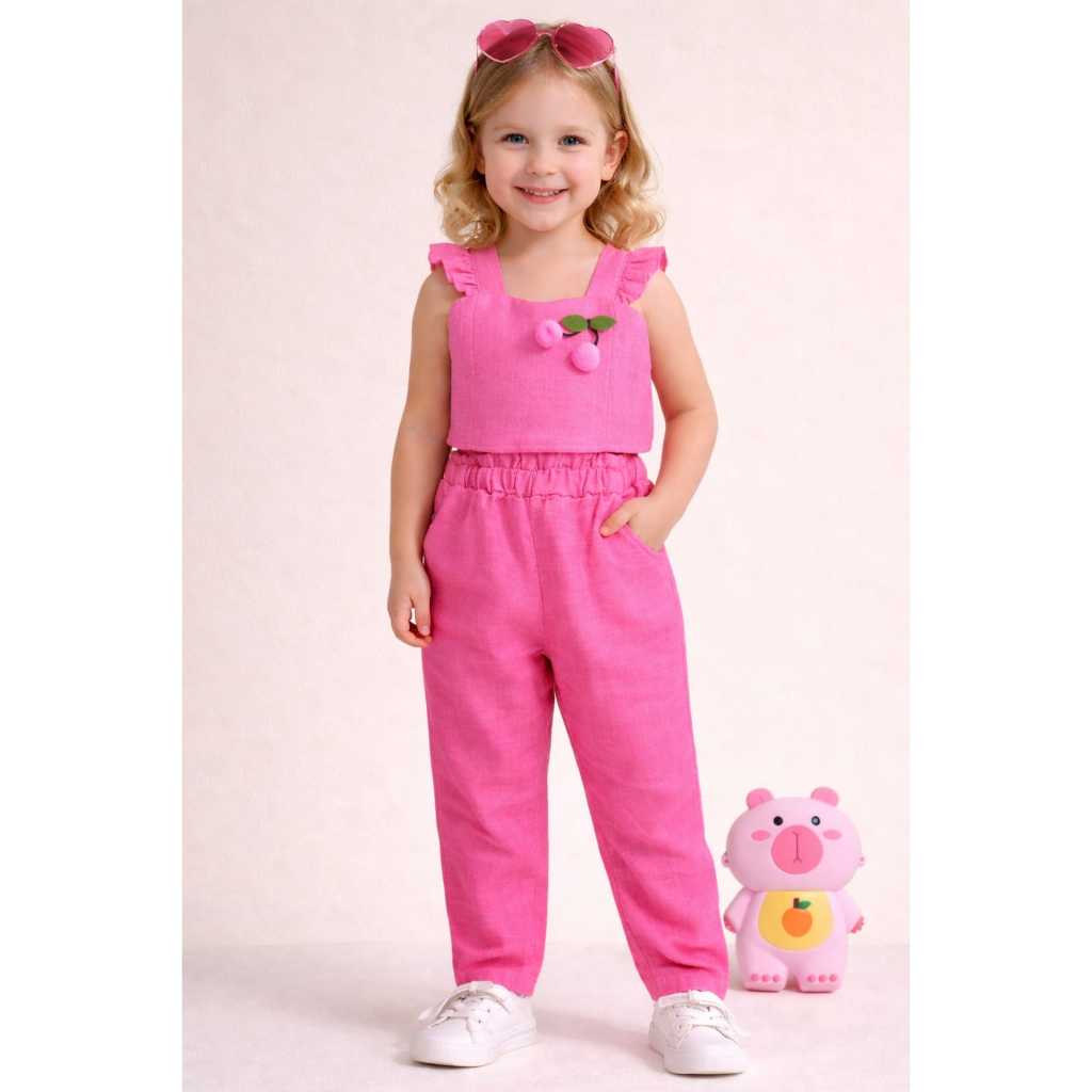Conjunto Infantil calça cintura elástico  e cropped com babado leve e confortável moda menina.