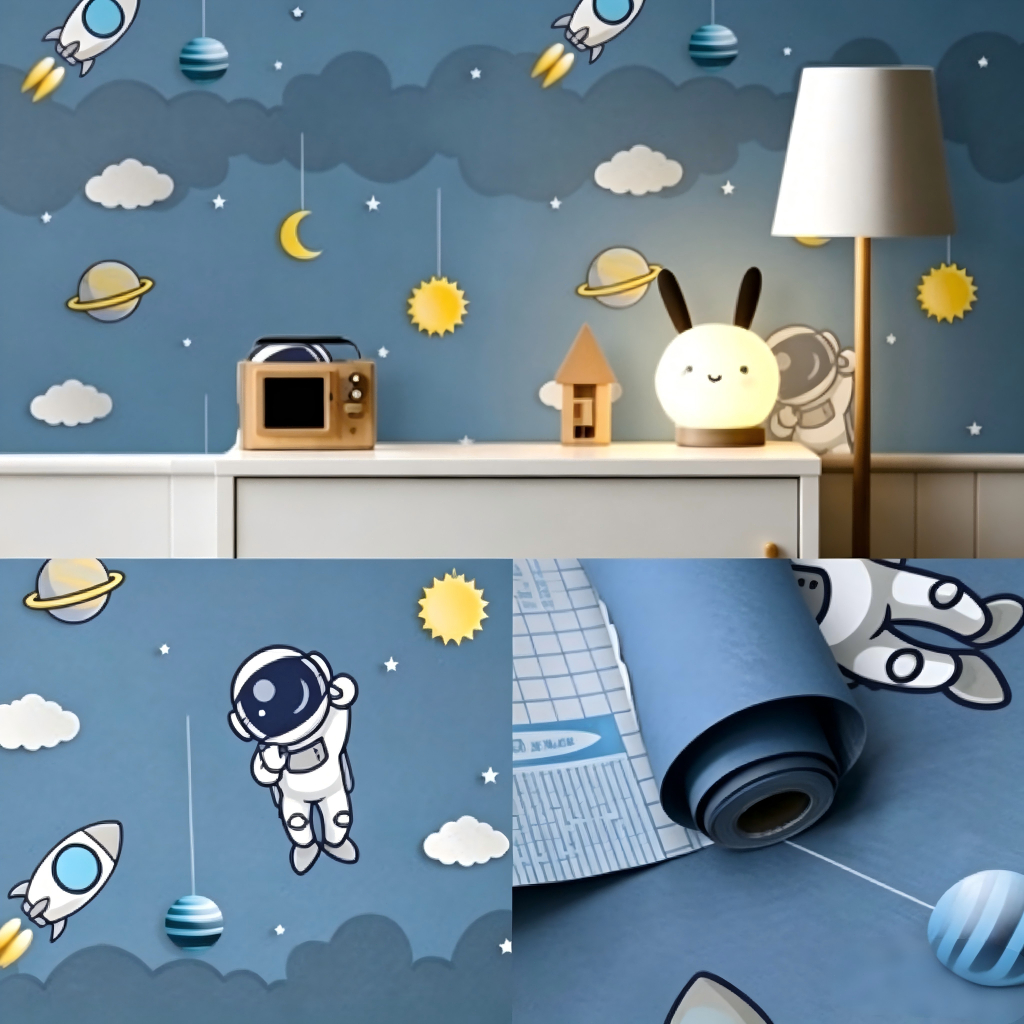 20 Metros Papel Adesivo Astronauta Para Quarto Infantil Foguete Planeta Espaço Autoadesivo