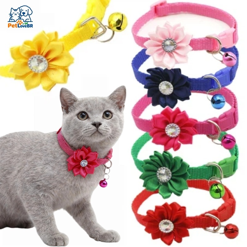 Coleira para Gatos com Sino e Flor – Ajustável, Fivela de Segurança, Nylon Macio – Acessório Fofo e Seguro