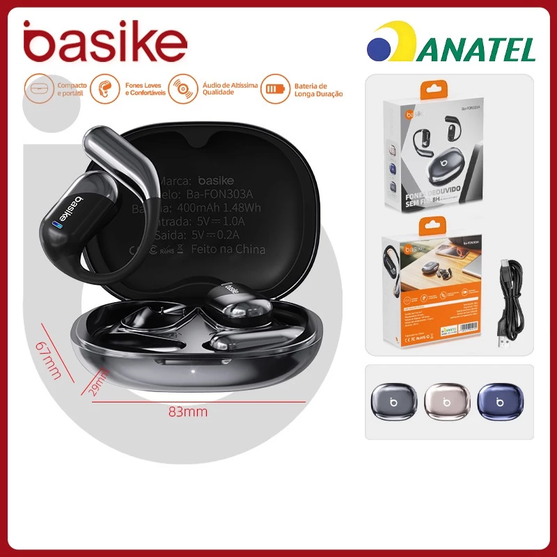 Basike Fones Bluetooth Sem fio ENC,Fones de ouvido Ergonômicos Sport gancho esporte prova agua Com microfone,fon303a