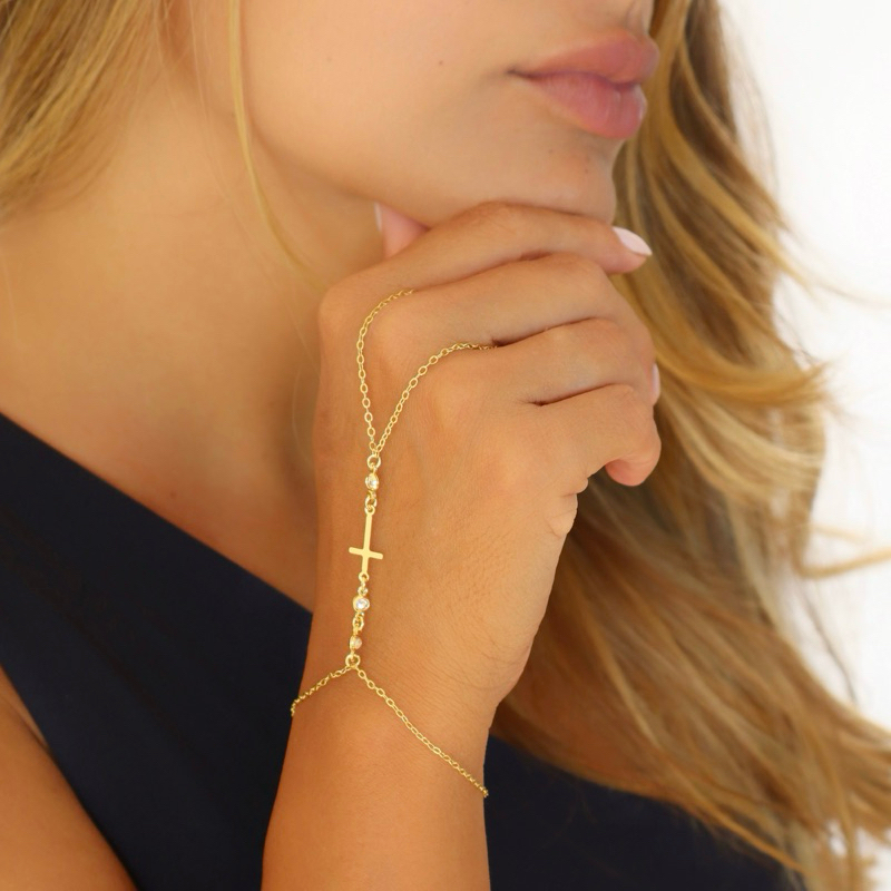 Pulseira de Mão Anel Hand Chai Semijoia Feminina Pingente Cruz Banhada Ouro18k ou Prata925