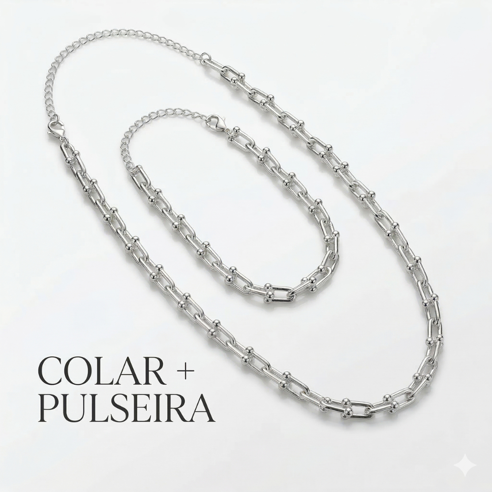 Conjunto Colar Choker + Pulseira Folheado a Prata | Colar 38cm + Extensor | Semi Joia Feminina