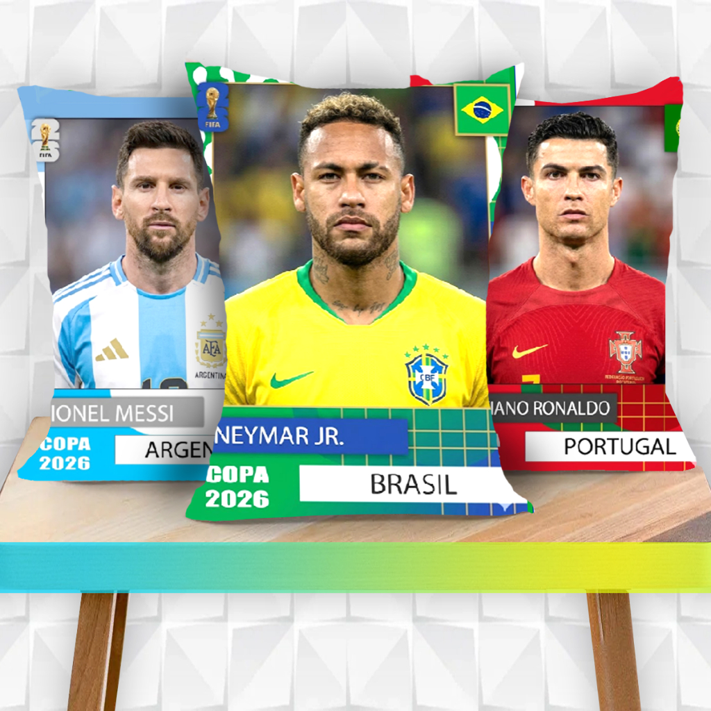 Almofada decorativa Presente figurinha copa do mundo futebol 2026 jogador neymar endric vinicius junio messi cr7 brasil