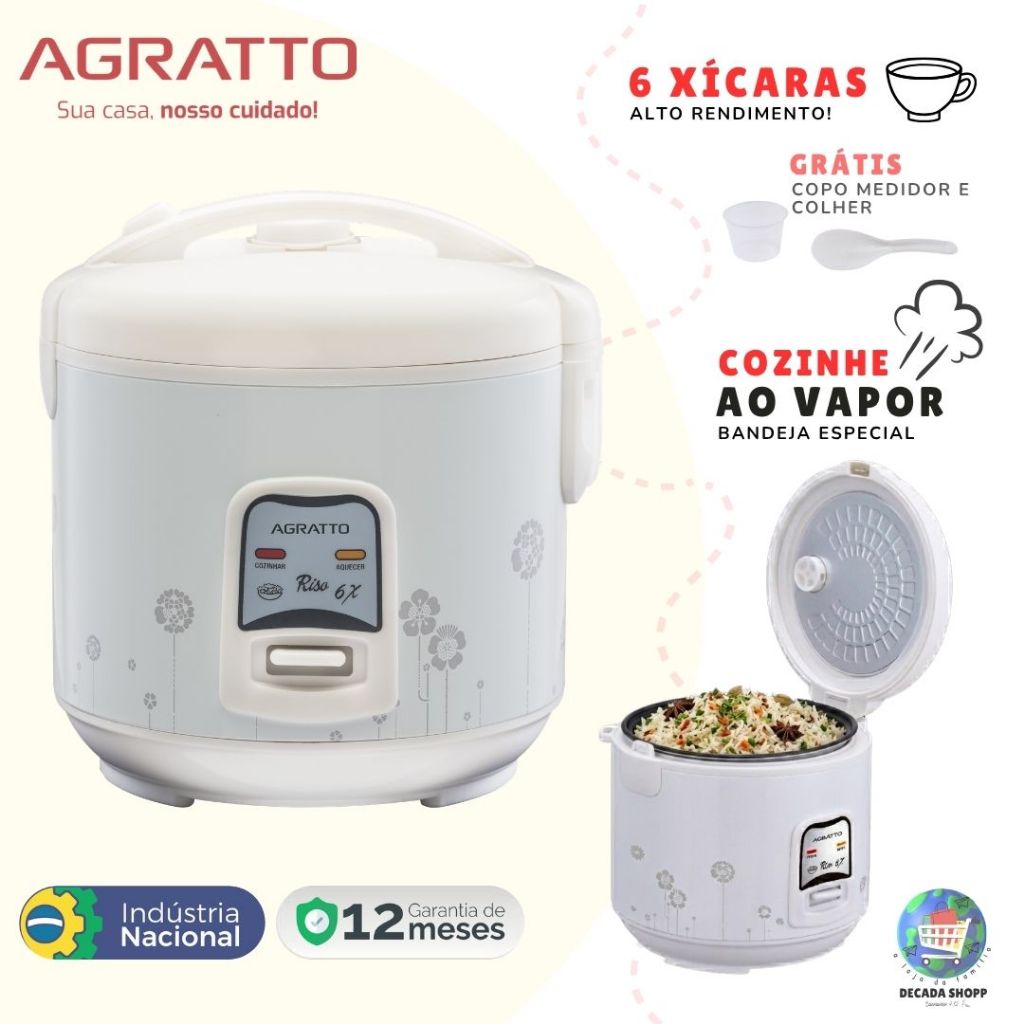 Panela de Arroz Elétrica Agratto Riso 6X 400W 110v ou 220v + Bandeja de Legumes e  Cuba Antiaderente