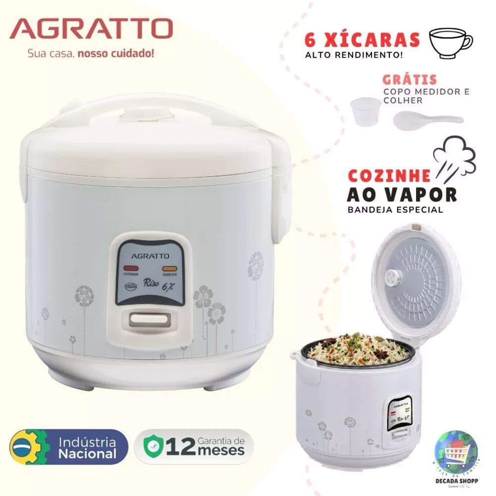 Panela de Arroz Elétrica Agratto Riso 6X 400W 110v ou 220v + Bandeja de Legumes e Cuba Antiaderente