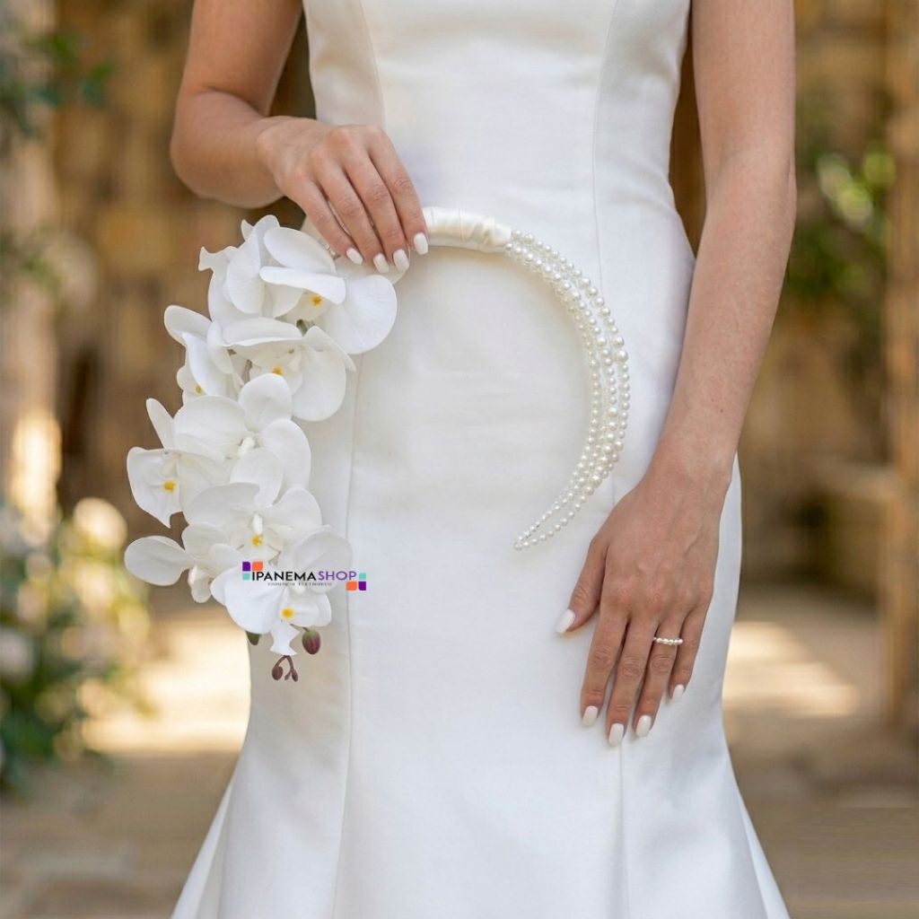 Buquê de Noiva Hoop Bouquet com Orquídeas Brancas e Pérolas - Buquê Permanente Moderno Buquê Tipo Bolsa