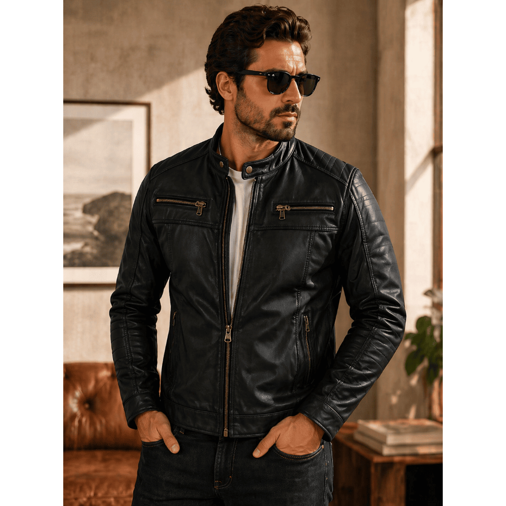 Jaqueta de Couro Legítimo Vintage Vibe para Motociclista com Proteções Acolchoadas - Preto e Marrom
