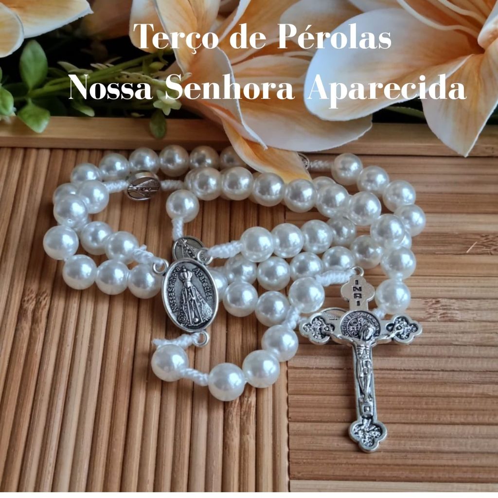Terço Nossa Senhora Aparecida Pérolas Medalha Prateada 50cm - Católico Noivas Devocional Presente