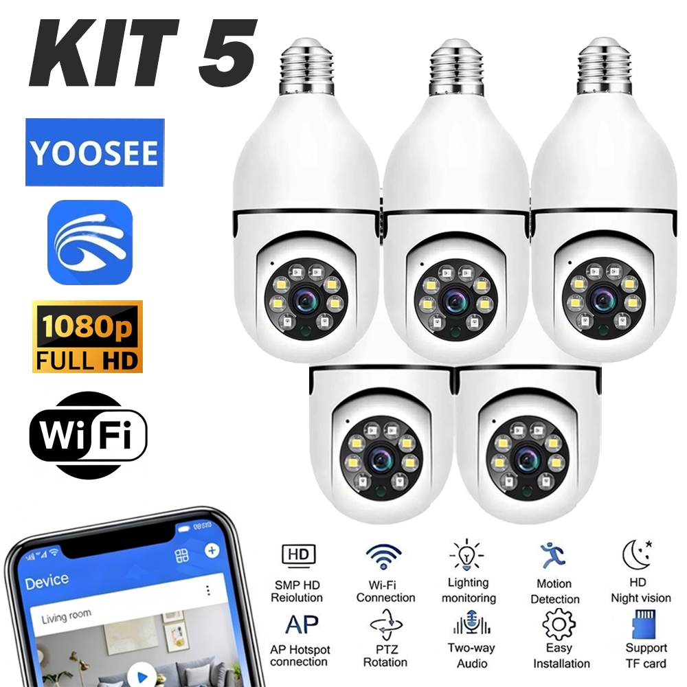 Kit 5 Câmera Segurança Prova D'água Infravermelho Lâmpada Sem Fio 360 Wifi E27 App YOOSEE Prova Dagua Security Cameras
