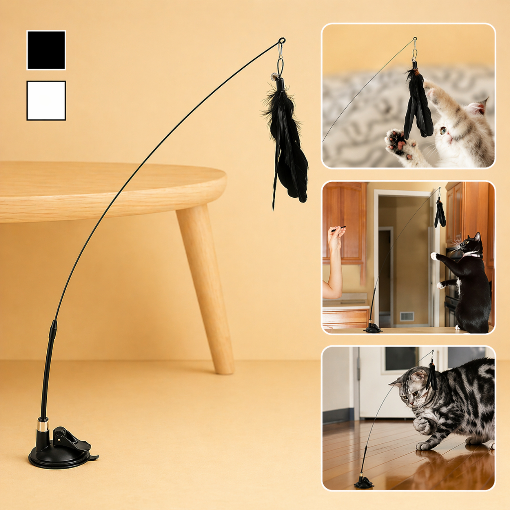 Brinquedo Interativo Varinha Pena Com Ventosa Com Sino Fixa No Chão Parede Para Gatos Adultos e Filhotes
