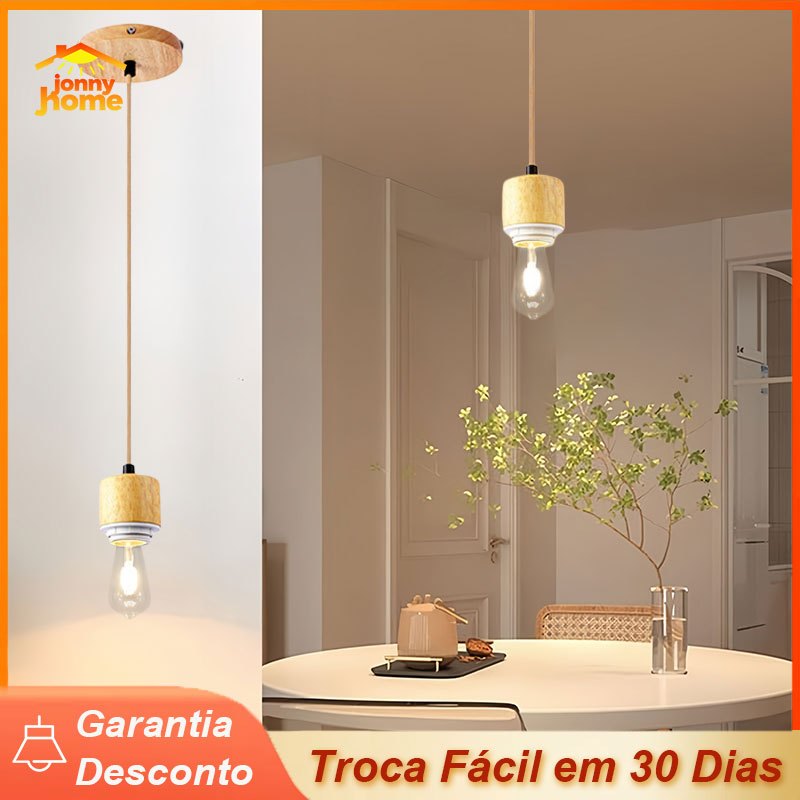 Luminária Pendente Corda de Madeira Retro 2m E27 Soquete Decoração Teto Para Quarto Sala  Bivolt