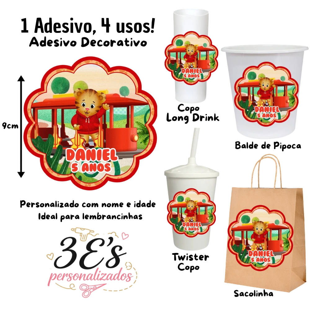 Daniel Tigre Adesivos Personalizados Sacolinhas Balde de Pipoca Copo Twister Copo Long Drink