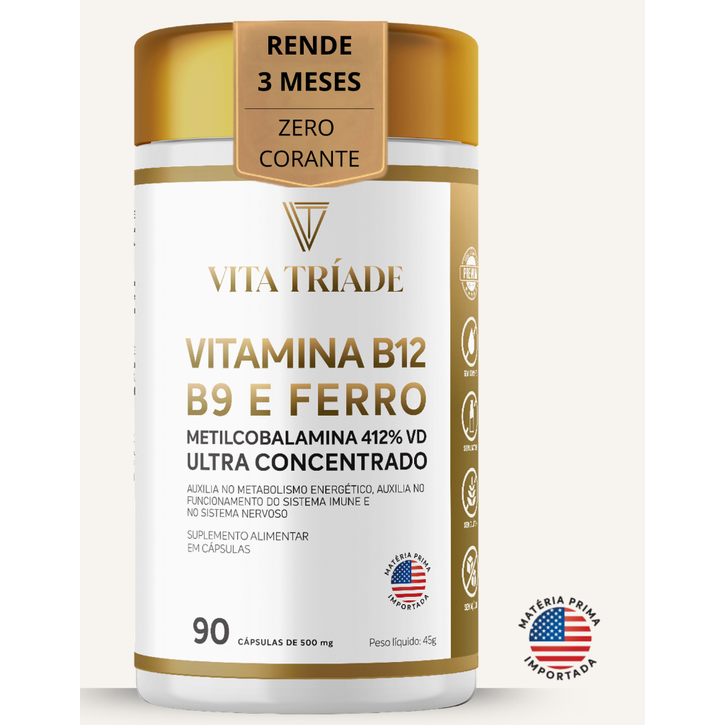 Vitamina b12 Metilcobalamina 412% + Acido Fólico  + Ferro Bisglicinato 90 Cápsulas Rende 3 meses
