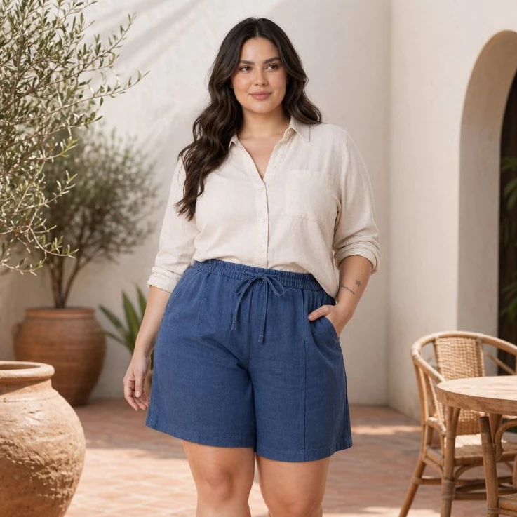 Short Feminino Plus Size Linho Bermuda Cintura Alta GG G1 G2 G3 Com Bolsos Casual Conforto Verão — imagem 1