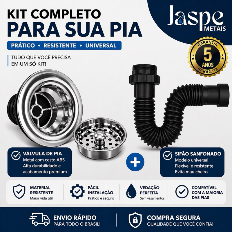 Kit Sifão Preto + Válvula Americana Metal com Cesto Abs - Sifão Universal