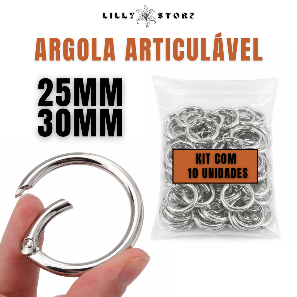 Mosquetao Argola Articulada –  25mm e 30mm – PRATA / DOURADO / GRAFITE  – Kit 10 Unidades