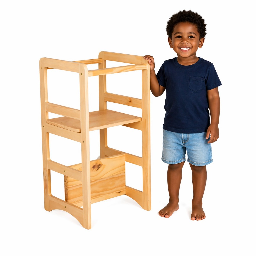 Torre Infantil Montessori de Aprendizagem Para Crianças Segura Cadeirão Ajustável 4x1