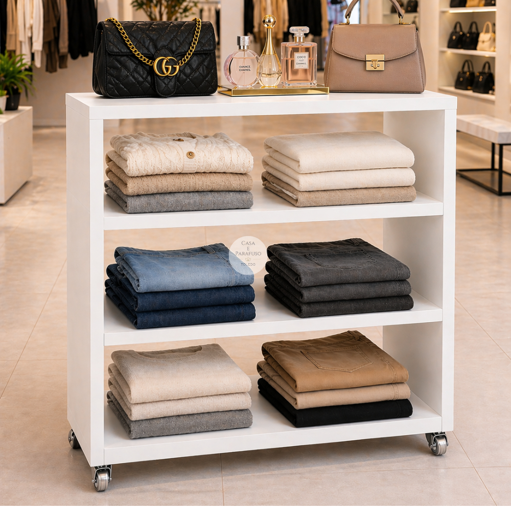 Estante Organizadora com Rodas 3 Prateleiras – Expositor Moderno para Roupas e Acessórios 86