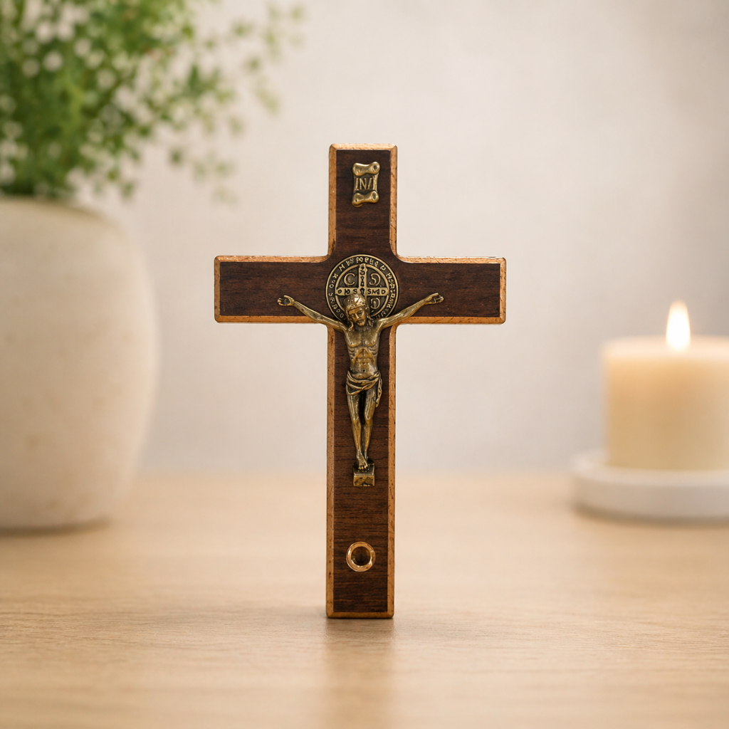 Crucifixo Relicário São Bento 15cm Madeira Estátua Católica Decoração Altar Parede Presente Fé Imagem Religiosa Santo